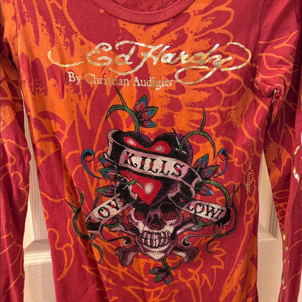 Ed Hardy Kids Long Sleeve Tee - Red and Orange Skull Design